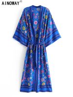 กิโมโนโบฮีเมียน Ikat Pinggang Cetak Bunga Merak Biru Untuk Wanita Gaun Maxi Pantai Lengwing Leher V Penutup Jubah Boho