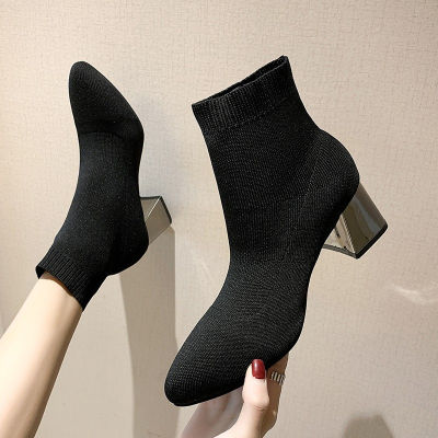 ถุงเท้าถักและรองเท้าบูทมาร์ตินเกาหลีสำหรับผู้หญิง2022ฤดูใบไม้ร่วง/ฤดูหนาวส้นหนาปานกลางส้น Sepatu BOOT Pendek รองเท้าบู๊ทบาง