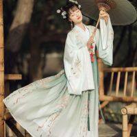 Hanfu กระโปรงเอวคอปกผู้หญิงแบบดั้งเดิมเครื่องแต่งกายโบราณแขนกว้างสไตล์จีน