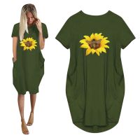 【Feb】 Green Sunflower Print Plus Size Dresses For Women Ladies Oversized Short Sleeve Pocket Mini Dress 2021 Casual Loose Summer Dress