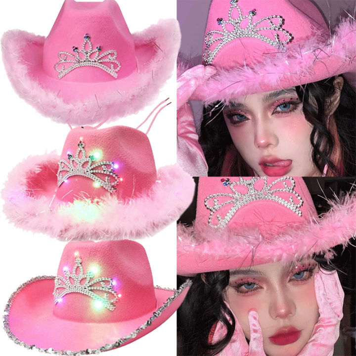 cowgirl-hat-cosplay-props-cowgirl-hat-with-tiara-and-feathers-girls-pink-cowgirl-hat-feathered-cowgirl-hat-felt-western-cowgirl-cap