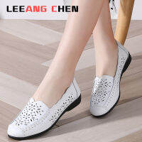 LEEANG CHEN รองเท้าส้นเตี้ยสำหรับผู้หญิงแฟชั่นฤดูร้อน Cutout Loafers แบบสวมรองเท้าหนังแท้ผู้หญิงรองเท้าบัลเล่ต์สบายยายรองเท้า