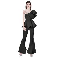 Womens  2-Piece Set  Early Autumn One-Shoulder Multi-Layer Ruffled  Sleeve Bell-Bottom+ Pants