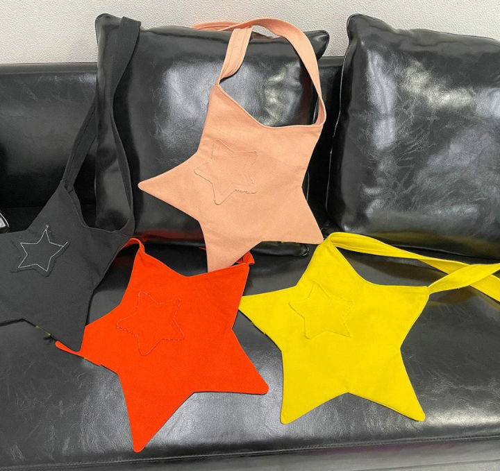 y2k-ผ้าแคนวาสสาวสีทึบรูปดาวแบบเรียบง่ายสีกระเป๋าสะพายข้างใส่เครื่องเทศ