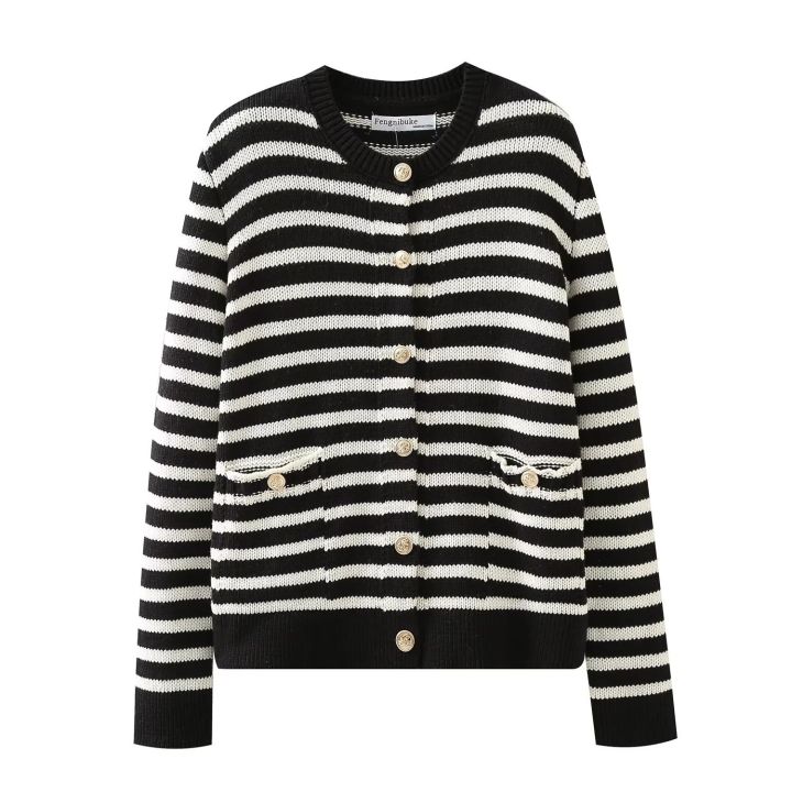 zara-za-european-and-american-autumn-new-loose-round-neck-single-breasted-pocket-black-and-white-striped-sweater-sweater-top-3991124
