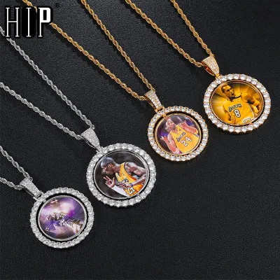 Hip Hop Custom Made Photo Round Rotating Double-sided Iced Out Bling Cubic Zircon Necklace&amp;Pendant For Men Jewelry Tennis Chain