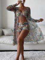 hotx 【cw】 3 Pieces Print 2023 Waist Swimsuit Cover Up Swimwear Female Bathing Beachwear