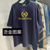 ♀✑☄Blenciaga6.4เสื้อคู่รัก,เสื้อยืดแขนสั้นทรงหลวมมีหูข้าวสาลีสีบรอนซ์พิมพ์รอบคอตัวหนังสือสไตล์เดียวกันดาว