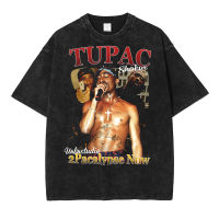 Hip Hop ผู้ชาย Harajuku Streetwear Tupac Portrait Graphic พิมพ์เสื้อยืด Vintage ล้างผ้าฝ้ายสบายๆฤดูร้อนแขนสั้น Tees Tops