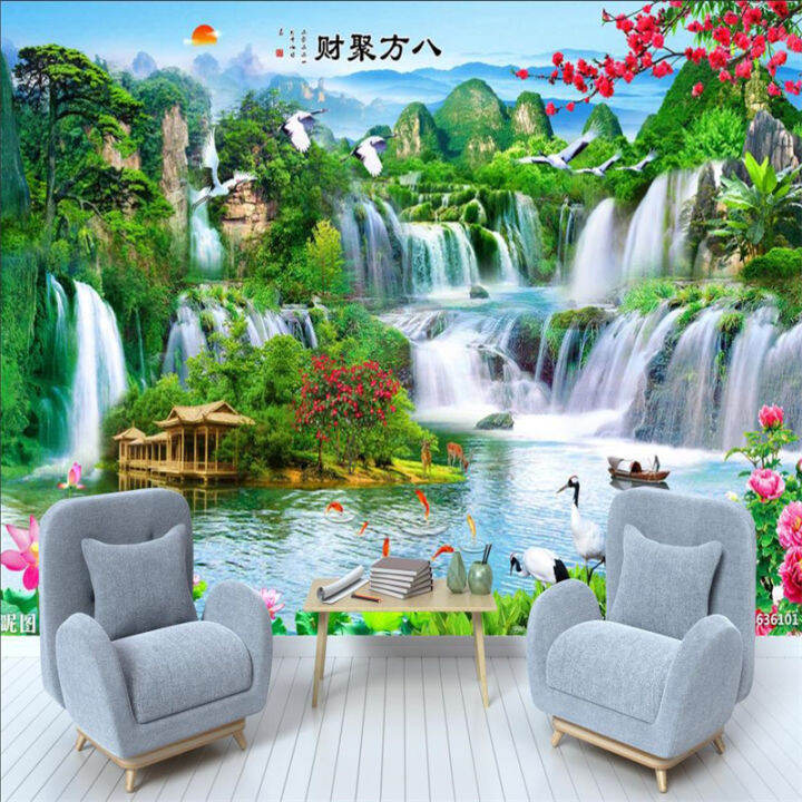 Custom natural mountain flowing water scenery home decor wallpaper