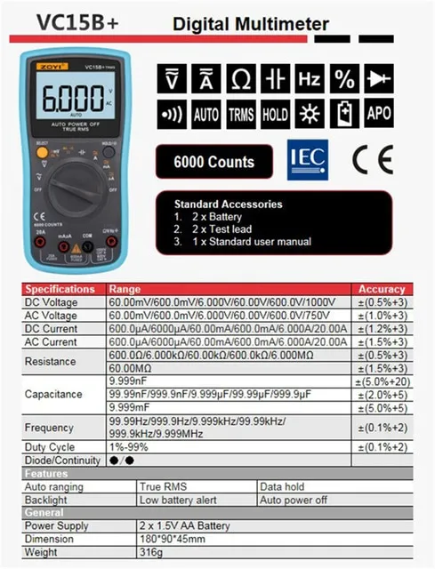 ZOYI VC17B+ Digital Multimeter 6000 Counts Multimetro Multitester ...