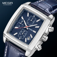 Megir Rectangle Dial Leather Strap Watch for Men Casual Blue chronograph quartz watches Man Wristwatch montre reloj часы мужскиеhot