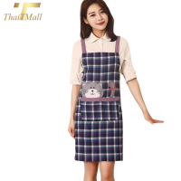 ThaiTeeMall-ผ้ากันเปื้อนลายตาราง ปักรูปแมวเหมียวสุดน่ารัก ผ้าขาวม้าระบายอากาศ รุ่น QB-110cat