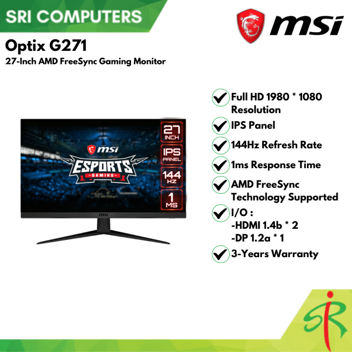 MSI Optix G271 27-Inch AMD FreeSync Gaming Monitor (3-YEARS WARRANTY ...