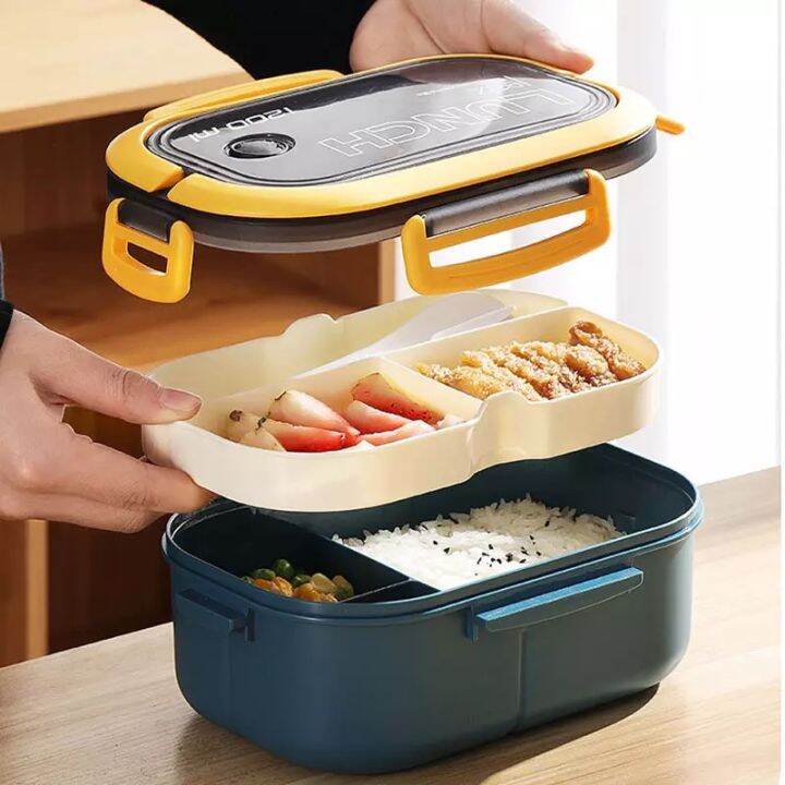 Lunch Box 2 Layers Grids Student Office Worker Microwave Hermetic Bento ...