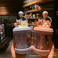 Childrens Cute Straw Cup Aikes Bear Summer Cold Extraction Plastic Cup Ins Baby Cartoon Portable Water Cup 【JUNE】