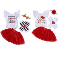 FOCUSNORM Valentines Day Baby Girls Clothes Sets Letter Print Ruffles Short Sleeve Romper Lace Tutu Skirts Headband Leg Warm