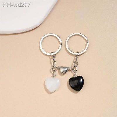 Love Design Keychain Crystal Quartz Stone Heart Key Ring Magnetic Button Key Chains For Couple Friend Gifts DIY Jewelry