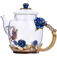 300ml Safe Durable Floral Glass Teapot with Gold Leaves Edge Colourful Flower Pattern Floral Vintage Teapot Tea Party Set (Blue)