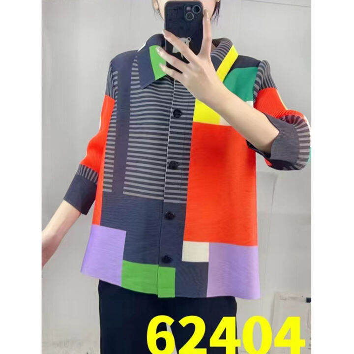 เสื้อสตรีแบบจีบ-miyake-กับแขน3-4คลุมท้องสำหรับ62404เสื้อกระดุมแถวเดียวกระชับสัดส่วน