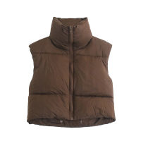 Merodi Women Casual High Collar Za Coffee Color Short Parkas Outwear Chic Lady Fashion Zippers Sleeveless Jackets Vest