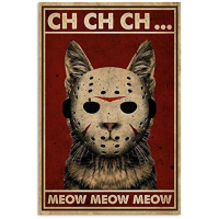 สยองขวัญ Jason Cat Meow โปสเตอร์โลหะตกแต่งผนังสำหรับ Home Vintage ป้ายดีบุก Wall Art