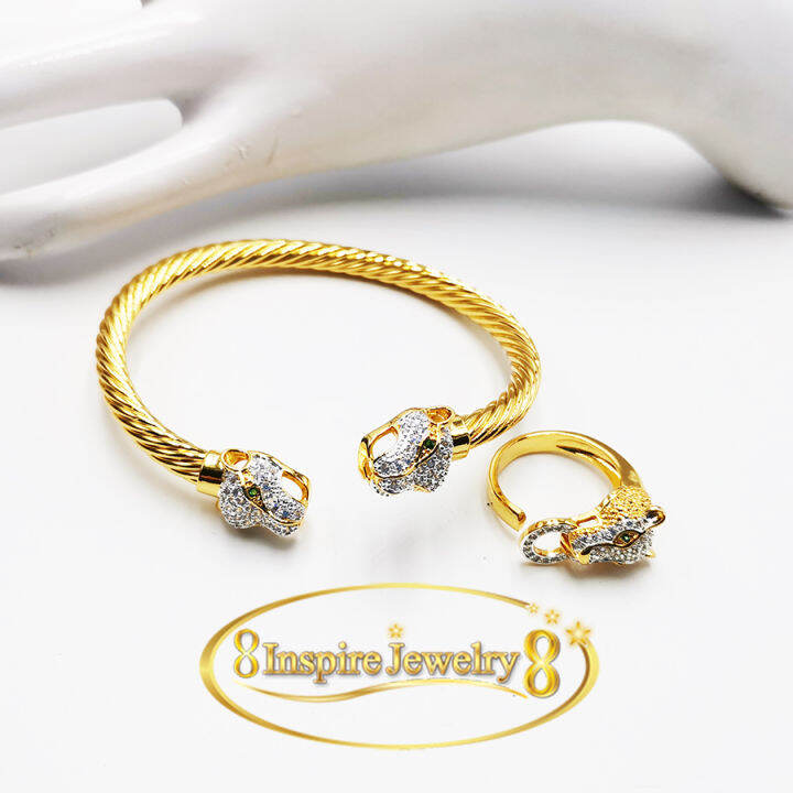 inspire-jewelryชุดเซ็ทกำไลหัวเสือและแหวนฝังเพชรcz-ตาพลอย-free-size-งานดูแพง-เพชรเล่นแสงดีมาก-งานชุปทอง