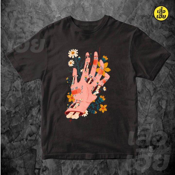 มีสินค้า-มีของพร้อมส่ง-เสื้อยืด-the-flowers-hand-เสื้อยืดลายศิลปะ-ผ้า-cotton-100