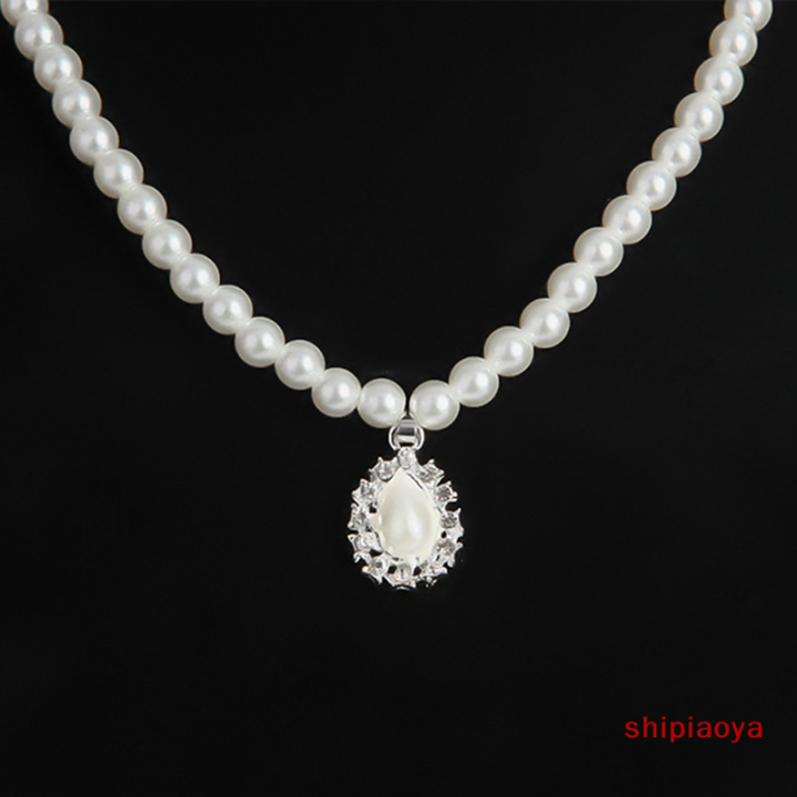 shipiaoya-ต่างหูคริสตัลทรงหยดน้ำไข่มุกสวยหรูสายโซ่ชุดเครื่องประดับงานแต่งงาน