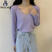 Women V-neck Knitted Sweater Casual Long Sleeves Slim Fit Bottoming Shirt Trendy Solid Color Pullover Tops【fast】