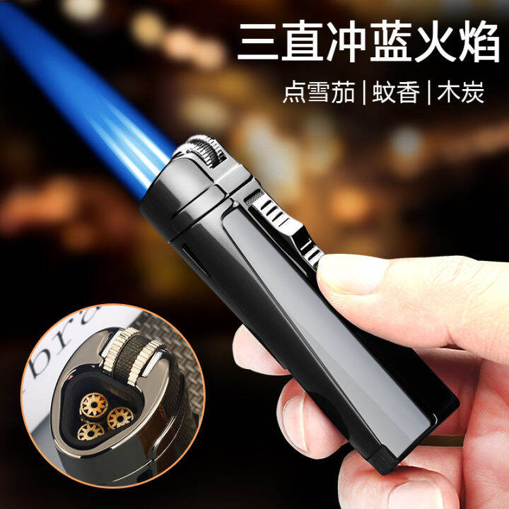 Tik Tok blue flame three fire straight windproof inflatable lighter ...