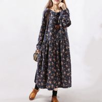 ZZOOI 2020 New Women Dresses Autumn Winter Vintage Print Casual Long Sleeve Retro Cotton Maxi Robe Tunic Floral Big Plus Size Dress