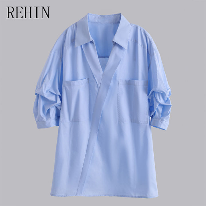 rehin-เสื้อเชิ้ตแขนสั้นสีขาวสำหรับผู้หญิง-เสื้อเชิ้ตแขนสั้นคอวีระดับไฮเอนด์