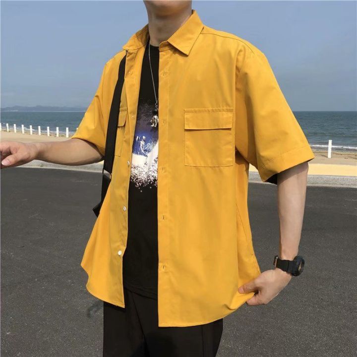 fpd804ฮ่องกงสไตล์-ins-เสื้อผู้ชายแขนสั้นแข็งแน่นสไตล์เกาหลีสีทำงานเสื้อผ้าเสื้อฤดูร้อนฤดูร้อนบางแขนยาวครึ่งสไตล์ญี่ปุ่น