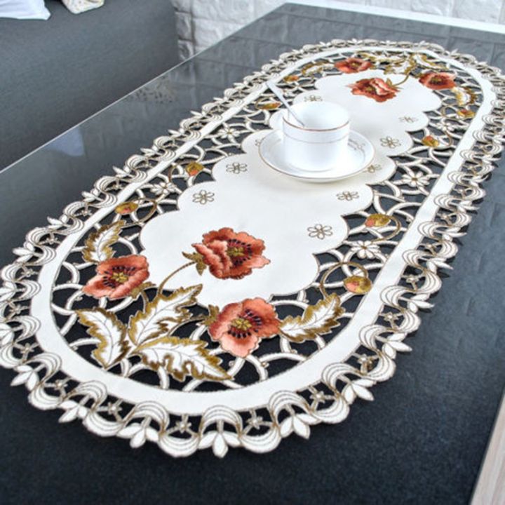 ที่รองลายฉลุลูกไม้ปักลายวินเทจสำหรับตกแต่งบ้านผ้าปูโต๊ะลายดอกผ้าปูโต๊ะรูปไข่