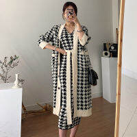 Korean Vintage V-neck Long Knitted Sweater Coat + Houndstooth Vest Dress Women 2 Piece Set