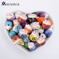 5Pcs 14mm Lucky Cat Ceramic Beads Colorful Horizontal Hole Porcelain Loose Beads For Jewelry Making Bracelet  Keychain Accessory