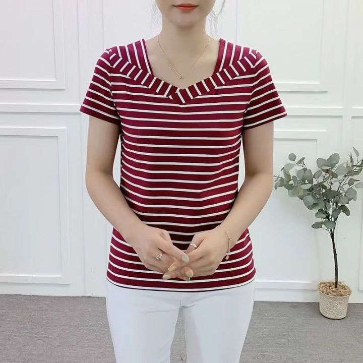 เสื้อยืดลายทางแขนสั้นคอวีอเนกประสงค์สำหรับผู้หญิง-ใหม่ขนาดใหญ่สไตล์เกาหลีฤดูร้อนแฟชั่นคุณแม่