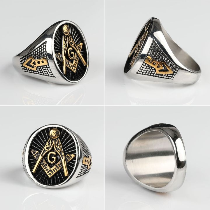 แหวนสแตนเลสสำหรับผู้ชายแหวนผู้ชายย้อนยุคสีฟ้าเพชร-mason-freemasonry-สีทอง-masonic-vintange-bague-homme