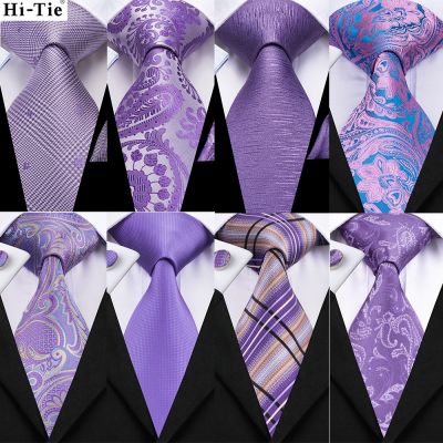 ◘ Hi-Tie Light Purple Solid Silk Wedding Tie For Men Quality Hanky Cufflink Gift Necktie Set Fashion Novelty Designer Dropshipping