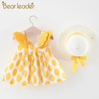 Bear Leader Casual Baby Girls Clothing Spring And Summer New Toddler Girl Clothes Set Outfit Cute Bow Fruit Print Princess Dress for Girl Kids Dress With Hat For 6-24 Months