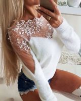 Crochet Lace Beaded Fluffy Sheer Mesh Sweater