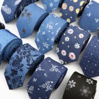 New Cotton Denim Ties For Men 7CM Floral Feather Dot Blue Neck Tie For Wedding Party Casual Print Slim Neckties Daily Wear Gift