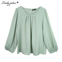 Lady Plus เสื้อจับจีบคอลายจุด | Polka Dot Blouse เสื้อแขนยาว สีเขียว