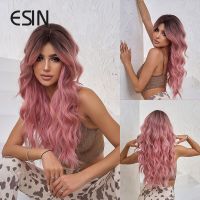 ESIN Synthetic Long Ombre Top Black to Pink Color Water Wavy Wigs for Women Cosplay Party Natural Daily Wigs Heat Resistant Wig  Hair Extensions Pads