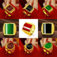 Brass Plated Open Ring with Vietnamese Sand Gold Inlaid Jade Chalcedony for Wealth and Adjustable Mens Ring 6TSG