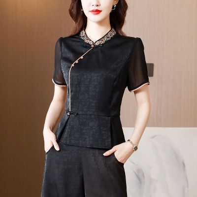 เสื้อผู้หญิงแขนสั้นชุดกี่เพ้าสง่างามคอตั้ง,เสื้อกระชับสัดส่วนแบบสั้นเสื้อจีน2023จีนสไตล์ย้อนยุค