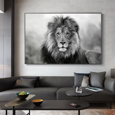 สีดำและสีขาวสิงโตผ้าใบจิตรกรรมสัตว์ป่าผนังศิลปะรูปภาพ HD พิมพ์โปสเตอร์สำหรับห้องนั่งเล่นตกแต่งบ้าน