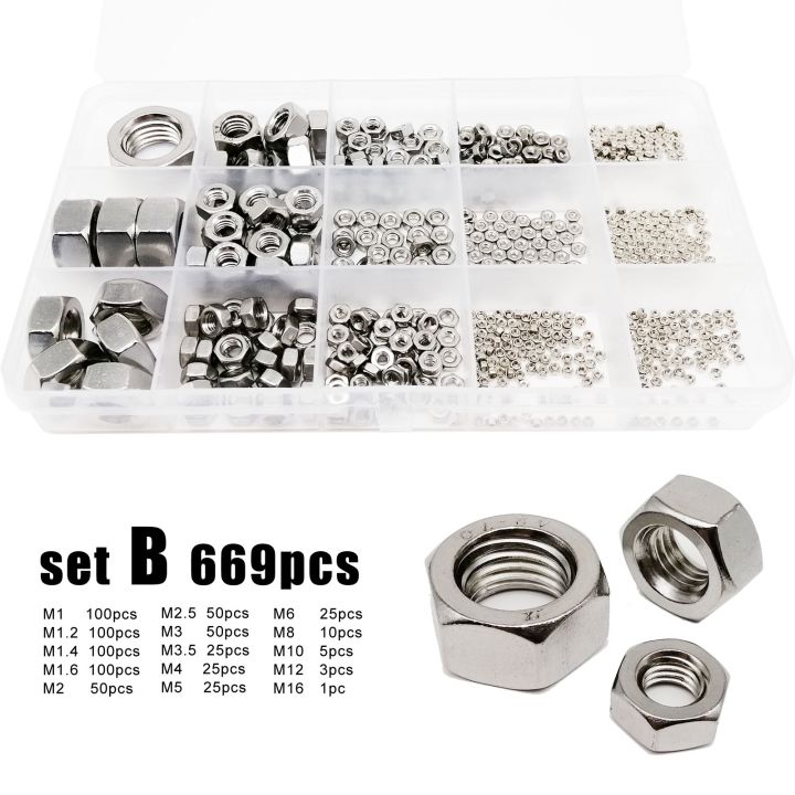 total-445-669pcs-m1-m1-2-m1-4-m1-6-m2-m2-5-m3-m3-5-m4-m5-m6-m8-m10-m12m16-304-stainless-steel-hex-hexagon-nut-set-assortment-kit