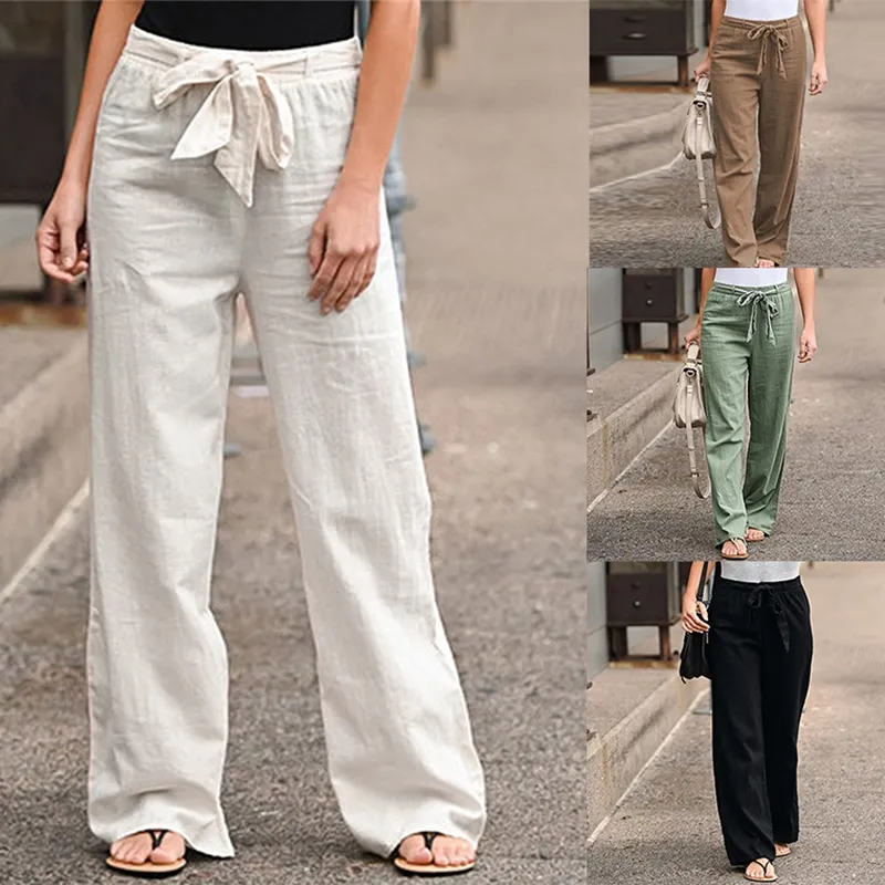 Women Cotton Linen Pants 2023 Summer Fashion Elastic Waist Loose